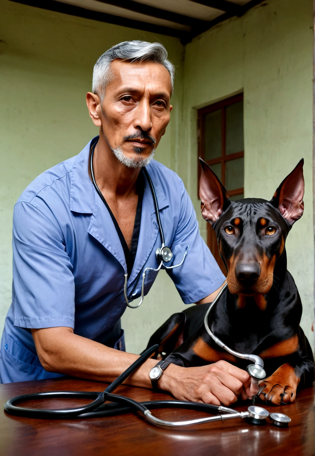 a sixty years man, Indonesian face, veterinarian, facing camera, black-silver hair, short haircut, fashion hair cut, using a stethoscope to examine a panther in a table, the doberman laying side down, fantastic photoshot, dramatic angle, extremely detailed, uhd, 8k, dramatic light, blurry background