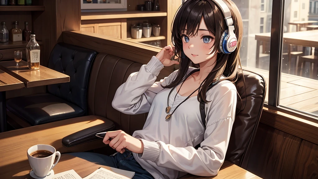 Girl with headphones enjoying music in a cafe I am studying Emphasize a little bit of the chest