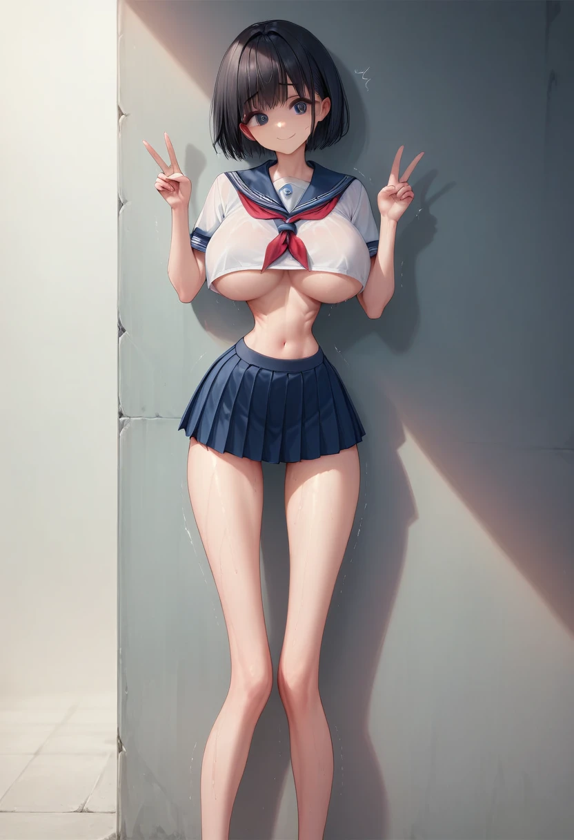 (masterpiece, best quality:1.2), front shot, beautiful 1girl, (big breasts, micro waist, very long legs:1.3), Black hair, short bob hair, short height, scrawny and thin body, Light Skin, cute big eyes, cute beautiful thin face, forced smile, serafuku, mini skirt, pigeon-toed, wet and sweaty, visible ribs, Long and thin navel, V sign, Trembling