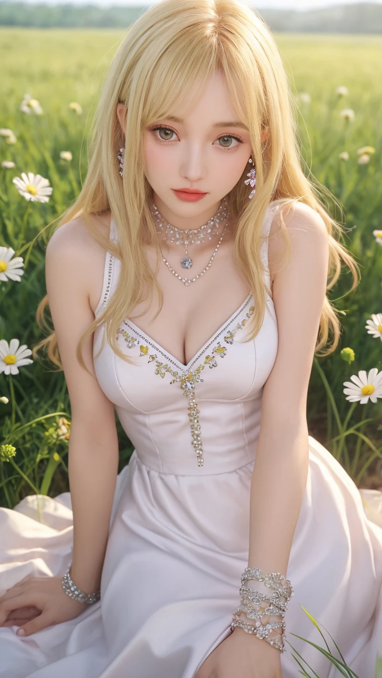 (((best quality))), (((ultra detailed))), (((masterpiece))), illustration,((1 beautiful little girl,solo,angel)),((fair skin,shoulder length straight blonde hair,blue eyes)),(earrings,crystal necklace),((big face,round face,bloated face,double chin)),(((plump,fat,obese,overweight))),(((gigantic breasts,towering chest,cleavage,underboob,gigantic belly))),joyful expression,(white wings:1.3),(flowing short-sleeved white sheer dress:1.3),((In heaven, garden setting)), vibrant flowers,(colorful flowers:1.3),lush grass, gentle breeze, (clear sky, fluffy clouds, shining sun),((from front,standing,upper body,arms behind back)),((pantyhose))