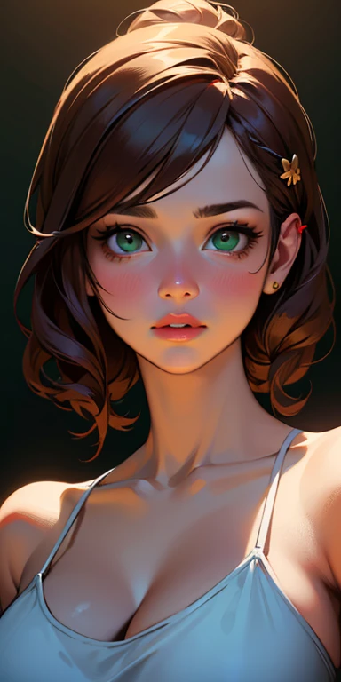 1 girl, sundress, motherly Side Plait, luscious lips, wide hips, huge breast, thick thighs, dynamic lighting, blush, shocked, hair pin, perfect eyes, perfect hands, brown hair, green eyes, (best quality,4k,8k,highres,masterpiece:1.2),ultra-detailed,(realistic,photorealistic,photo-realistic:1.37),portrait,vivid colors,chiaroscuro lighting, lip gloss