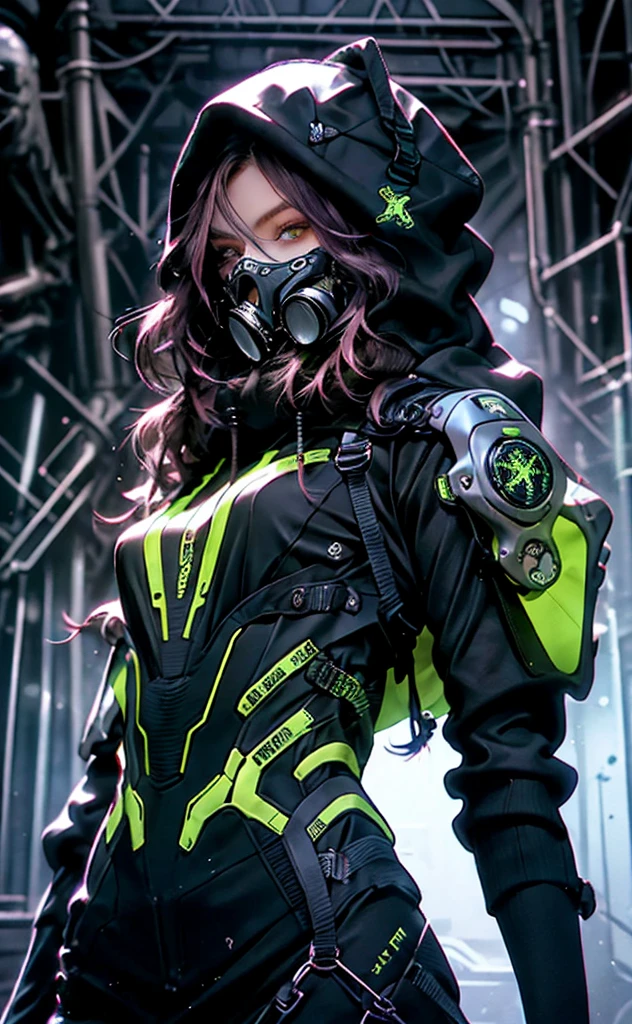 Boy with short wavy purple hair, wearing a poncho covering the whole body, covering hands and feet, Wearing technological people at the waist, wearing a  Gas mask of black and black color, style and scorpion, wearing a black cargo pants with blue details, ultra detailed 4k,