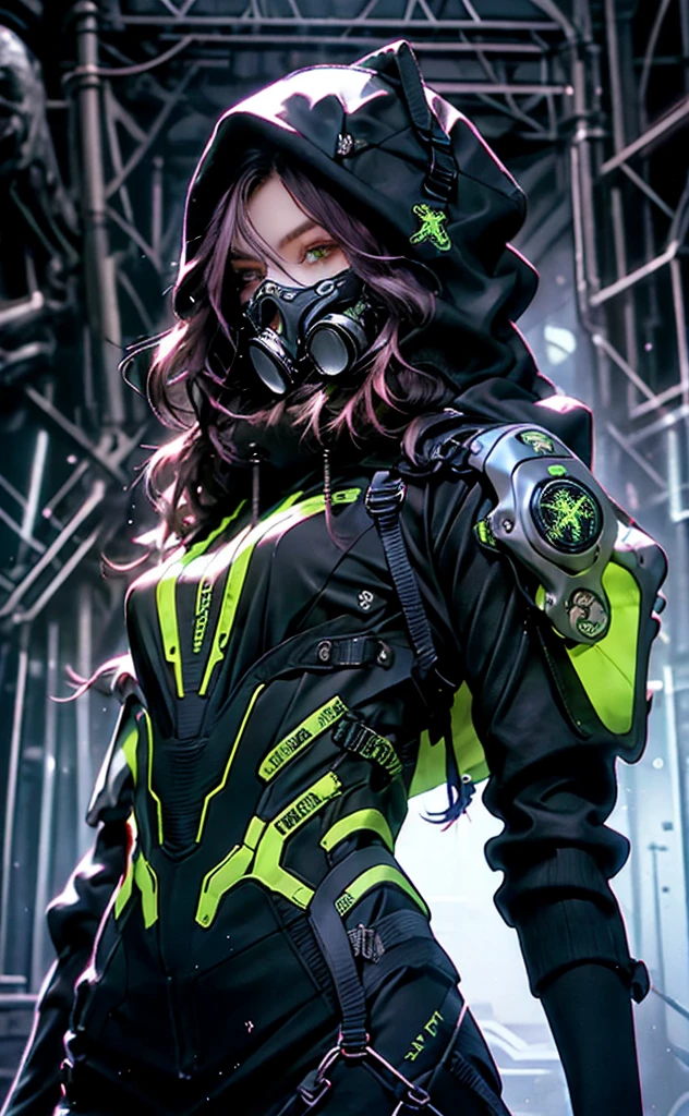 Boy with short wavy purple hair, wearing a poncho covering the whole body, covering hands and feet, Wearing technological people at the waist, wearing a  Gas mask of black and black color, style and scorpion, wearing a black cargo pants with blue details, ultra detailed 4k,