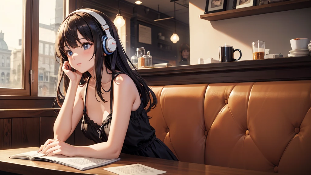Girl with headphones enjoying music in a cafe I am studying Emphasize a little bit of the chest