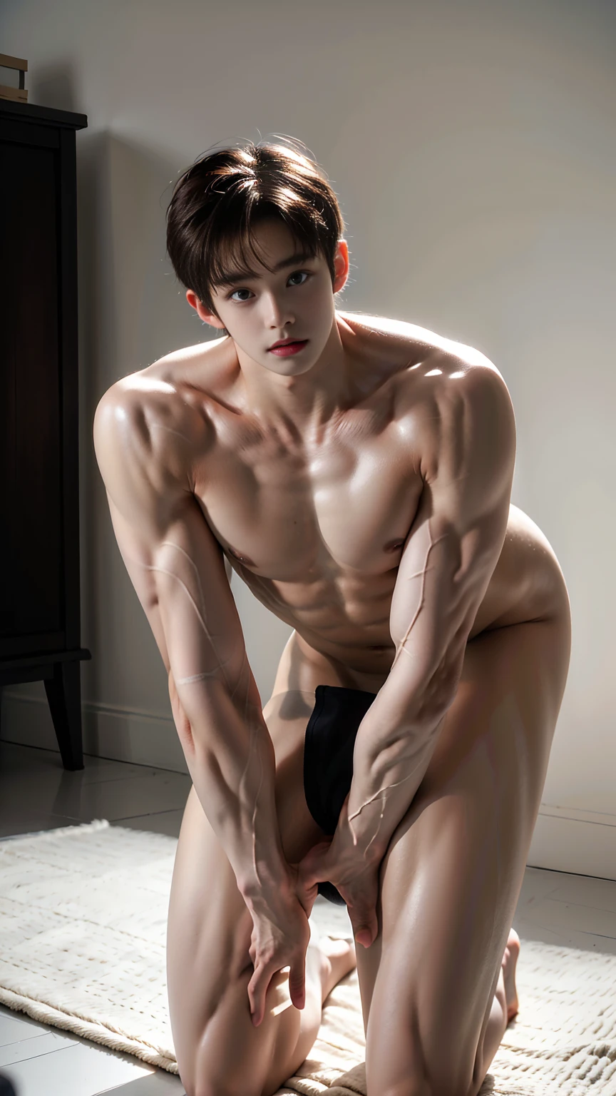 masterpiece,best quality,Front view, (A 16-year-old boy with extraordinary development:1.2), (Kneeling on the floor at home:1.2),Hugging Teddy Bear,(White swimming briefs),Tall physique,Broad shoulders,Muscular shoulders,(Extremely strong body),Fitness,Inverted triangle figure,Biceps,Highlight muscle texture, Muscular body,Small head,Handsome and cute face,V-Shaped Face,Perfectly detailed facial features,Looking at the camera,Innocent expression,leaning back,head tilt, happy, very short hair, brown hair,(looking at viewer:1.2),Vision