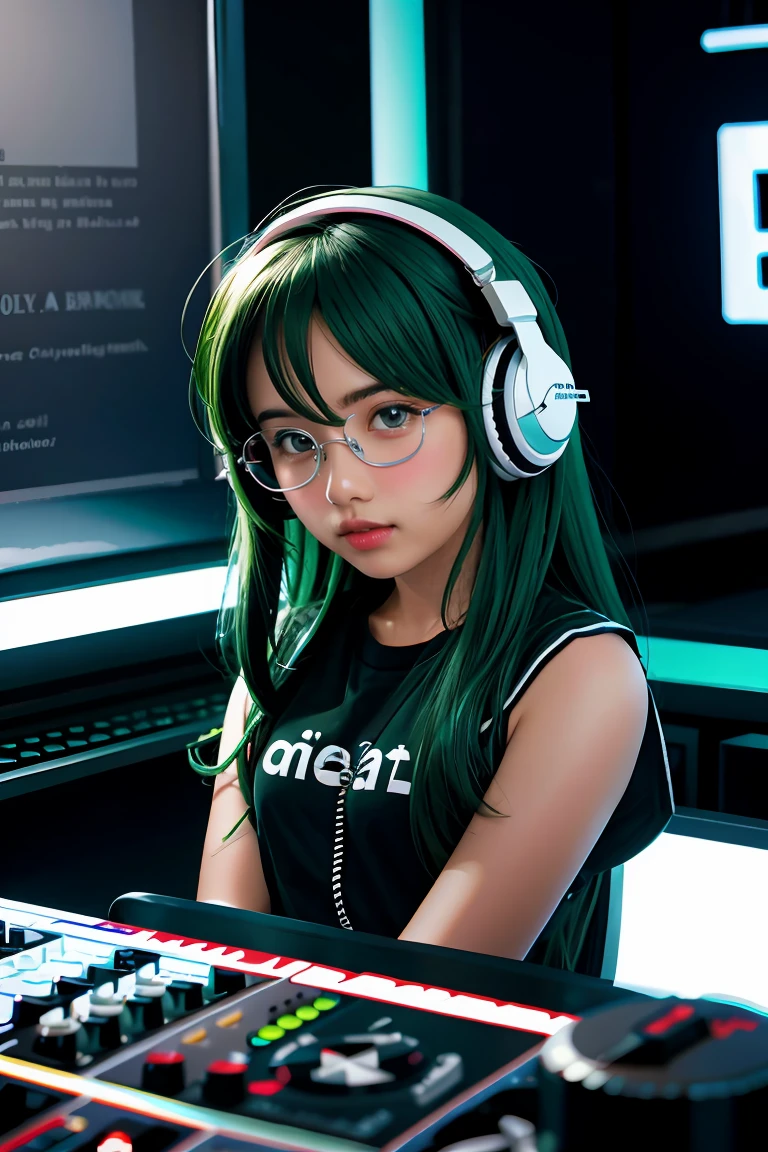 アニメ, djing girls, dj, dj girl, headphones, Rave, (highest image quality),​masterpiece,best quality,extremely detailled CG wallpaper, ultra_detailled,(cinematic lighting:1.1), (Cold face), green eyes, 1girl, alone, Dark green_balck hair, short_balck hair, ​masterpiece, best quality, glasses