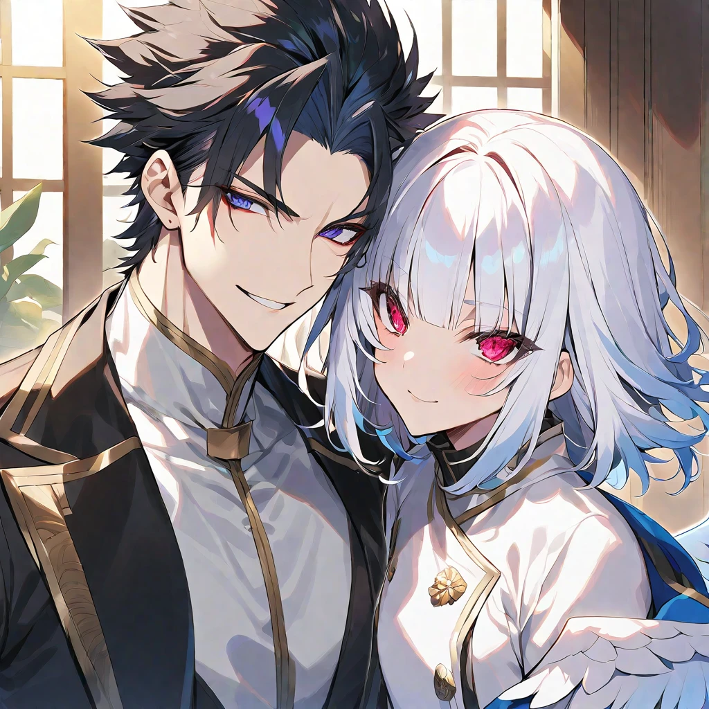 独奏, handsome, 1 male,Gojo Satoru, bangs,straight hair, Bob Hair,White hair on the left and black hair on the right, Left eye is blue and right eye is red,The left one is an angel's wing and the right one is a devil's wing,black background
