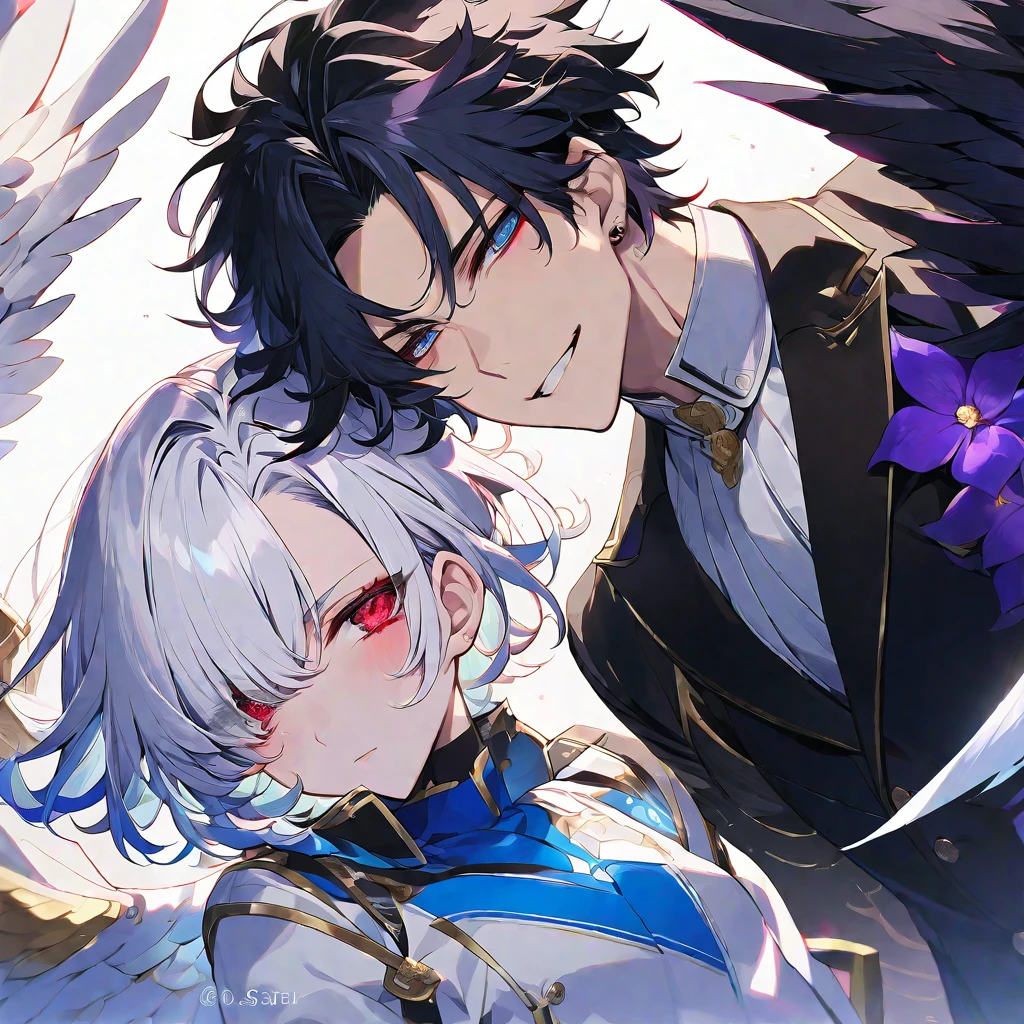 独奏, handsome, 1 male,Gojo Satoru, bangs,straight hair, Bob Hair,White hair on the left and black hair on the right, Left eye is blue and right eye is red,The left one is an angel's wing and the right one is a devil's wing,black background