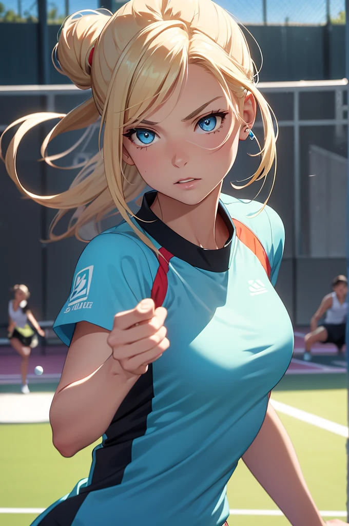 A beautiful mid-twenties woman with long, blonde hair up in a bun. She has big, blue eyes and delicate features, with a confident and dominant expression. She is playing tennis and is in a dynamic pose, striking at the ball with intensity. The background shows a tennis court, and her outfit is sporty. The scene shows her whole body in action, rendered in a highly detailed digital painting style. The focus is on vibrant colors, dynamic lighting, and artistic details, capturing the energy and motion of the mome