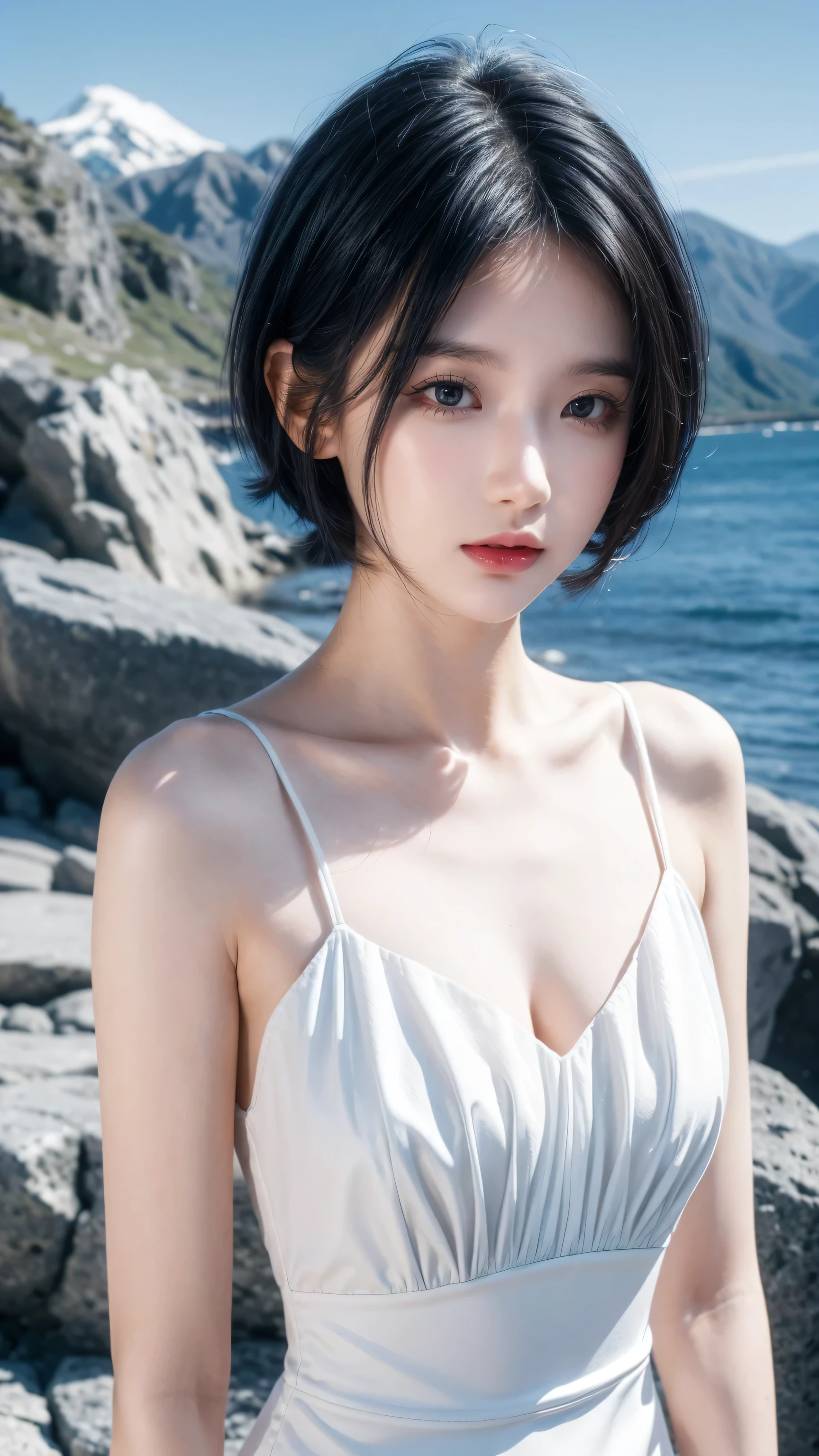best quality, 1 Girl, dark blue hair, black eyes, Very short hair, Spiky hair, wears sweet white dress luxury，A cropped dress, 171 cm, Messy hair, Hair between the eyes, Tomboy, aldult, 20 years old, A sweet girl by the mountain
