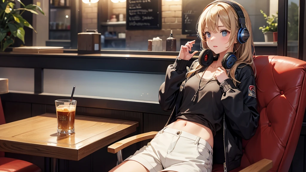Girl with headphones enjoying music in a cafe　I am studying　Emphasize a little bit of the chest