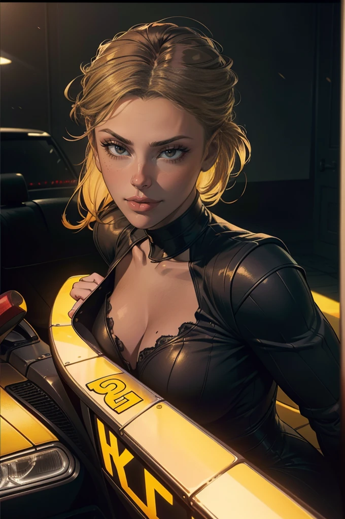 a woman in a yellow taxi cab, intense expression, cinematic lighting, dramatic pose, photorealistic, hyperdetailed, 8k, (best quality:1.2), (realistic:1.37), intricate details, cinematic atmosphere, moody lighting, dramatic shadows, neo-noir style, warm color tones, hyper-realistic, highly detailed