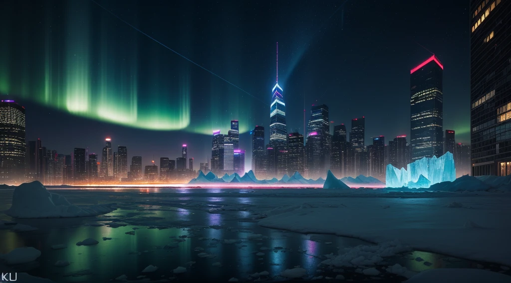 (best quality,4k,8k,highres,masterpiece:1.2),ultra-detailed,(realistic,photorealistic,photo-realistic:1.37),rainbow aurora,spectacular sky,ethereal lights,glowing clouds,colorful beams of light,shimmering Northern Lights,reflective surface of snow,sparkling ice crystals,antique buildings,neon signs,high-tech skyscrapers,futuristic architecture,flying cars,crowded streets,artificial intelligence,advanced technology,icy landscape,glistening icebergs,frozen ocean,dystopian atmosphere,harsh cold,crystal-clear air,glistening metallic surfaces,glowing holograms,vibrant nightlife,pulsating energy,colorful costumes,cybernetic enhancements,enhanced human senses,intense energy fields,sublime sense of wonder,blurred boundaries between reality and virtuality,blended fusion of nature and technology,captivating and surreal visual experience,vivid colors,bokeh