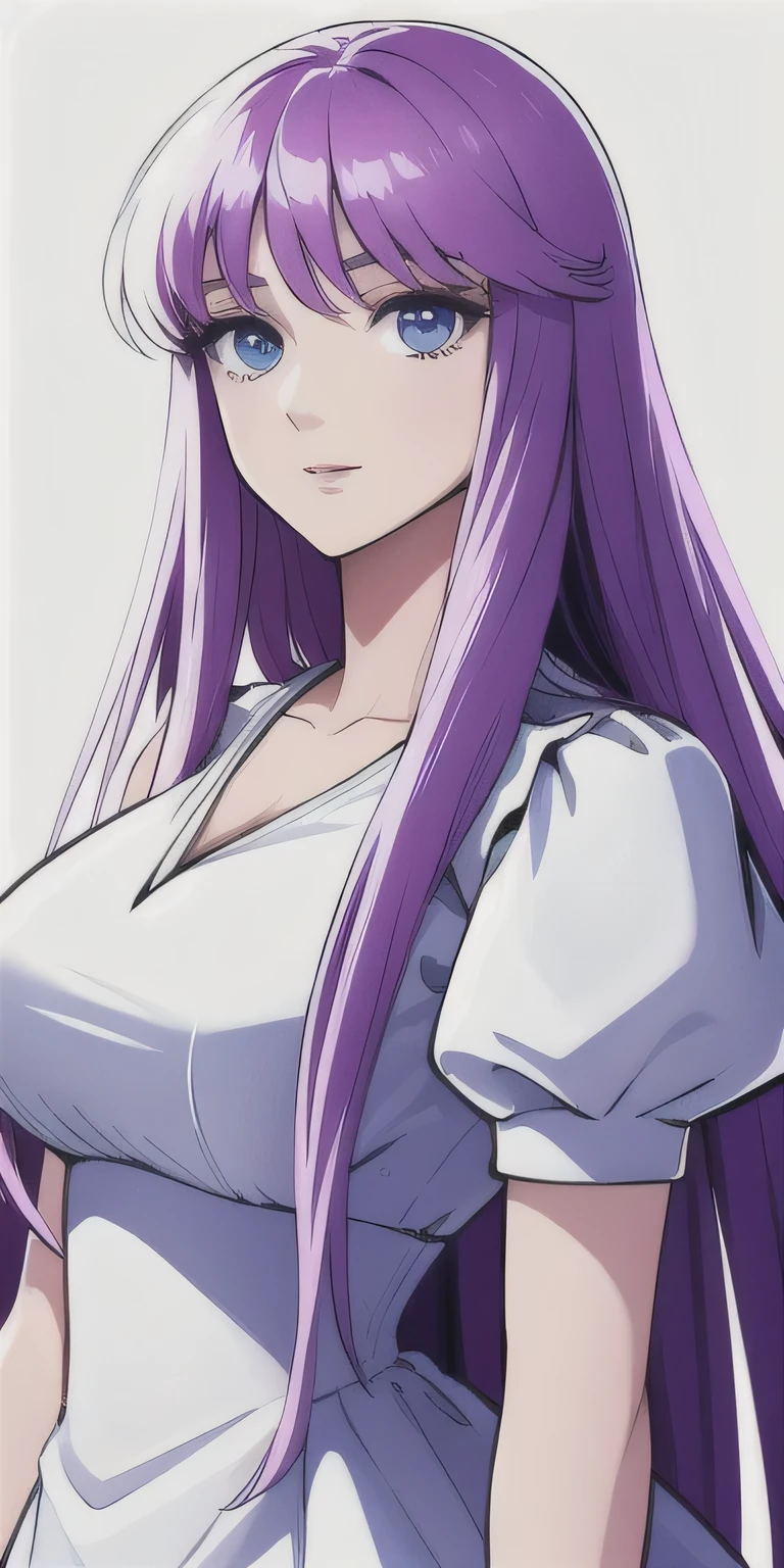 Kido_Saori, standing, solo, large_breasts, saori_sleeveless_white_dress, saori_puffy_sleeves_white_dress, masterpiece, best quality, detailed face, detailed eyes, highres,(upper body)
