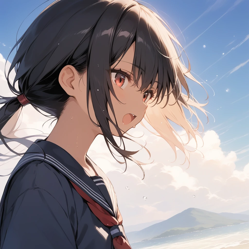 score_9, score_8_up, score_7_up, source_anime, best quality, masterpiece, official art, absurdres, highres, ultra-detailed,waifu2x,Collection: Slice of Life,break,1girl, tomboy, dark-skinned female, short hair, low ponytail, flat chest, beautiful detailed eyes, school_uniform, sweat, open mouth, (yawn:0.3), sleepily, outdoors, wind, break,(clear line illustration:1.2),very high resolution, very aesthetic, super detailed skin, Best sexual lighting powered by famous artist, 8k,cute picture,beauty illustration,photoshop_(medium),,(Detailed Lighting),best anime 8k konachan wallpaper, pixiv contest winner,