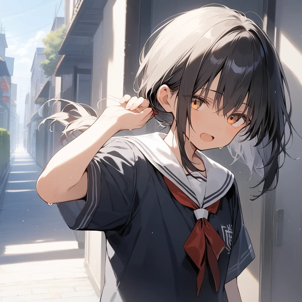 score_9, score_8_up, score_7_up, source_anime, best quality, masterpiece, official art, absurdres, highres, ultra-detailed,waifu2x,Collection: Slice of Life,break,1girl, tomboy, dark-skinned female, short hair, low ponytail, flat chest, beautiful detailed eyes, school_uniform, sweat, open mouth, (yawn:0.3), sleepily, outdoors, wind, break,(clear line illustration:1.2),very high resolution, very aesthetic, super detailed skin, Best sexual lighting powered by famous artist, 8k,cute picture,beauty illustration,photoshop_(medium),,(Detailed Lighting),best anime 8k konachan wallpaper, pixiv contest winner,