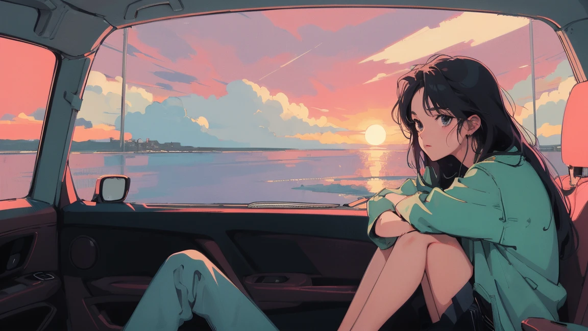 anime girl sitting on floor looking out window at city, anime aesthetic, anime vibes, Lofi Artstyle, Lo-fi portrait by the window, Sunsetを眺める. anime, Lofty Girl, anime art wallpaper 4 k, anime art wallpaper 4k, anime art wallpaper 8 k, anime background art, Lofi Color, Lofi Art, anime asthetic,masterpiece, Highest quality, Rainbow Style, anime, Beautiful Asian Girl, Sitting in a car, Along the Hawaiian Coast, Cute and dreamy,anime,Illustrator,LOFI Girl, Blues,landscape,Sunset