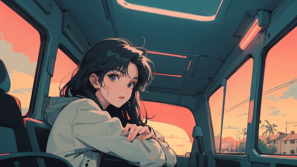 anime girl sitting on floor looking out window at city, anime aesthetic, anime vibes, Lofi Artstyle, Lo-fi portrait by the window, Sunsetを眺める. anime, Lofty Girl, anime art wallpaper 4 k, anime art wallpaper 4k, anime art wallpaper 8 k, anime background art, Lofi Color, Lofi Art, anime asthetic,masterpiece, Highest quality, Rainbow Style, anime, Beautiful Asian Girl, Sitting in a car, Along the Hawaiian Coast, Cute and dreamy,anime,Illustrator,LOFI Girl, Blues,landscape,Sunset