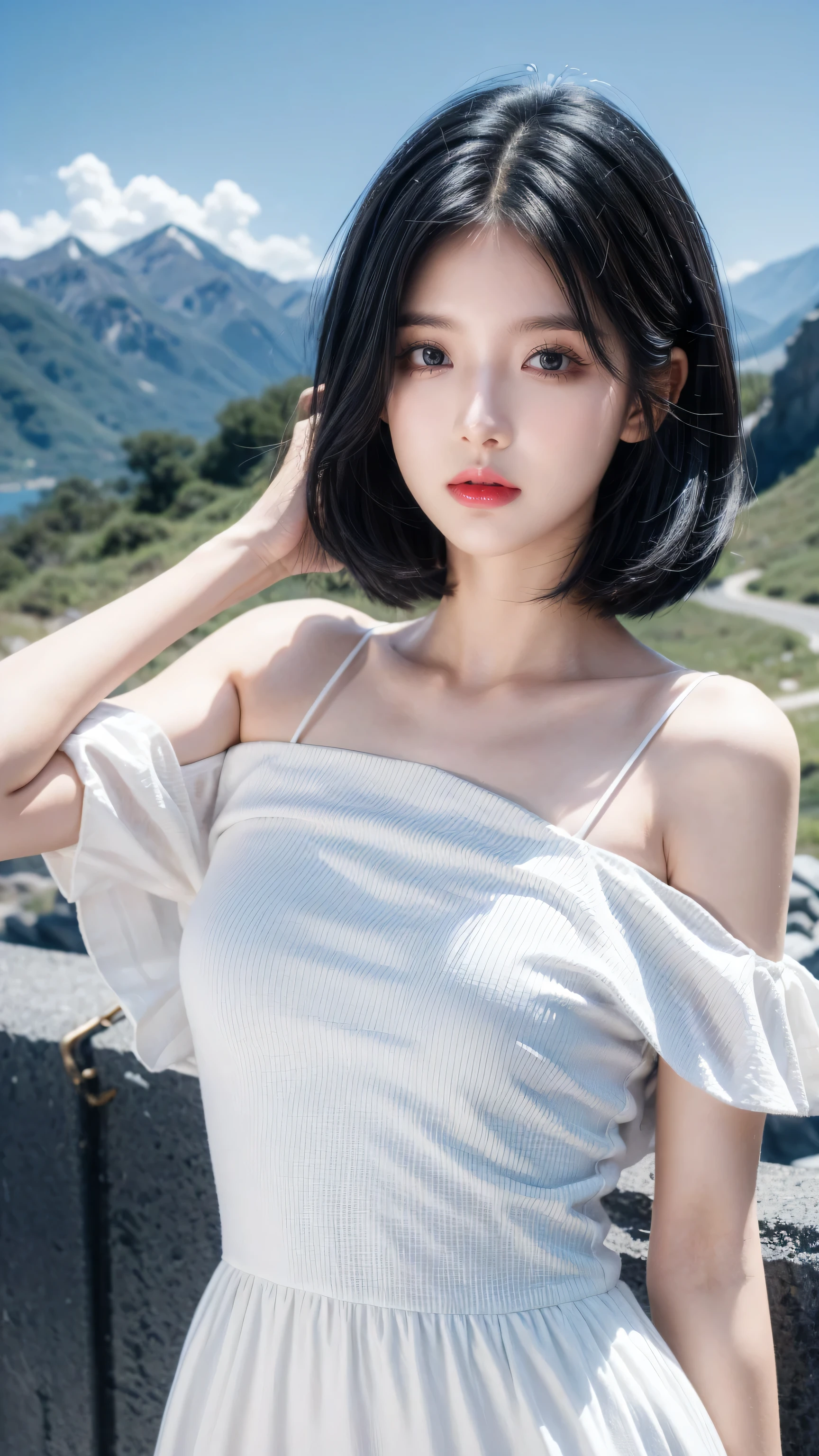 best quality, 1 Girl, dark blue hair, black eyes, Very short hair, Spiky hair, wears sweet white dress luxury,A cropped dress, 171 cm, Messy hair, Hair between the eyes, Tomboy, aldult, 20 years old, A sweet girl by the mountain
