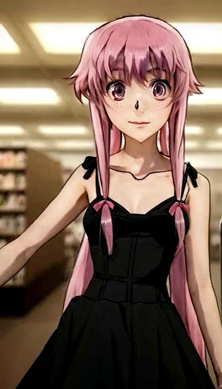 a close up of a person in a dress with pink hair, as an anime character, anime girl named gasai yuno, anime girl wearing a black dress, anime character, mirai nikki, female anime character, anime style like Mirai nikki inspired by mirai nikki, human pink female human girl, mirai nikki style, an anime girl