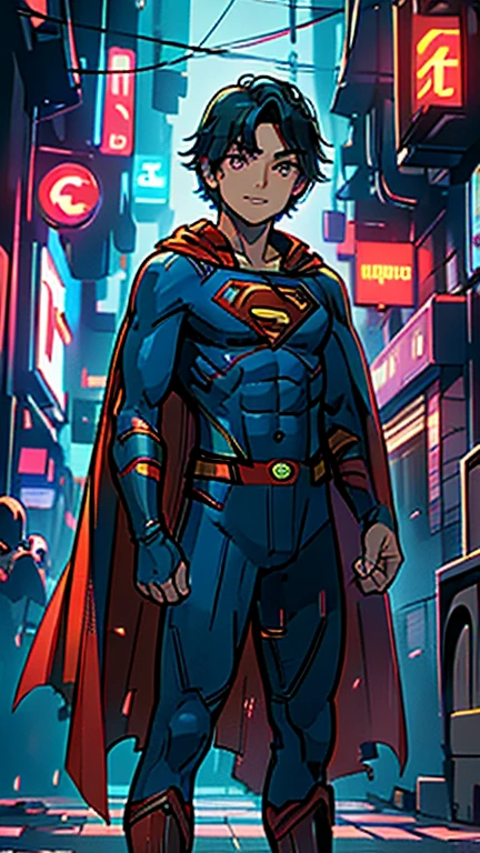 best quality,masterpiece,1boy,solo,(((13years old))),japanese boy,an extremely cute and handsome boy,highly detailed beautiful face and eyes,petit,cute face,lovely face,baby face,shy smile,show teeth, Black hair,Short hair,flat chest,skinny,slender,(((wearing a Superman costume,red cape))),(((standing in Dark Midnight Neon Glow light Cyberpunk metropolis city))),he is looking at the viewer,