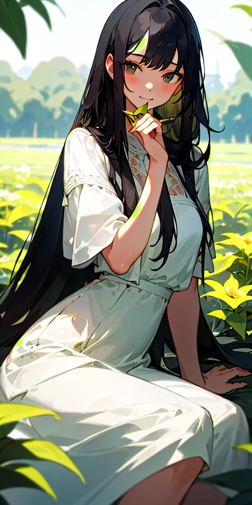 (masterpiece, best quality),1girl with long black hair sitting in a field of green plants and flowers, her hand under her chin, warm lighting, white dress, blurry foreground