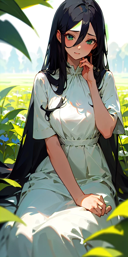 (masterpiece, best quality),1girl with long black hair sitting in a field of green plants and flowers, her hand under her chin, warm lighting, white dress, blurry foreground