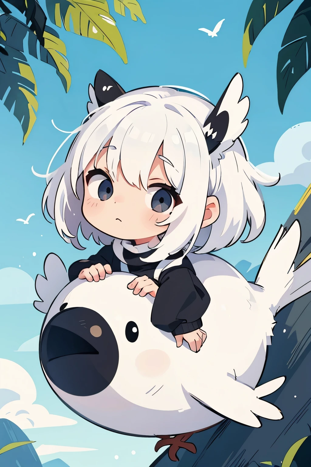 White hair and sunken eyes, bird, small and round, Black eyes and beak, the cutest in the world, long tail