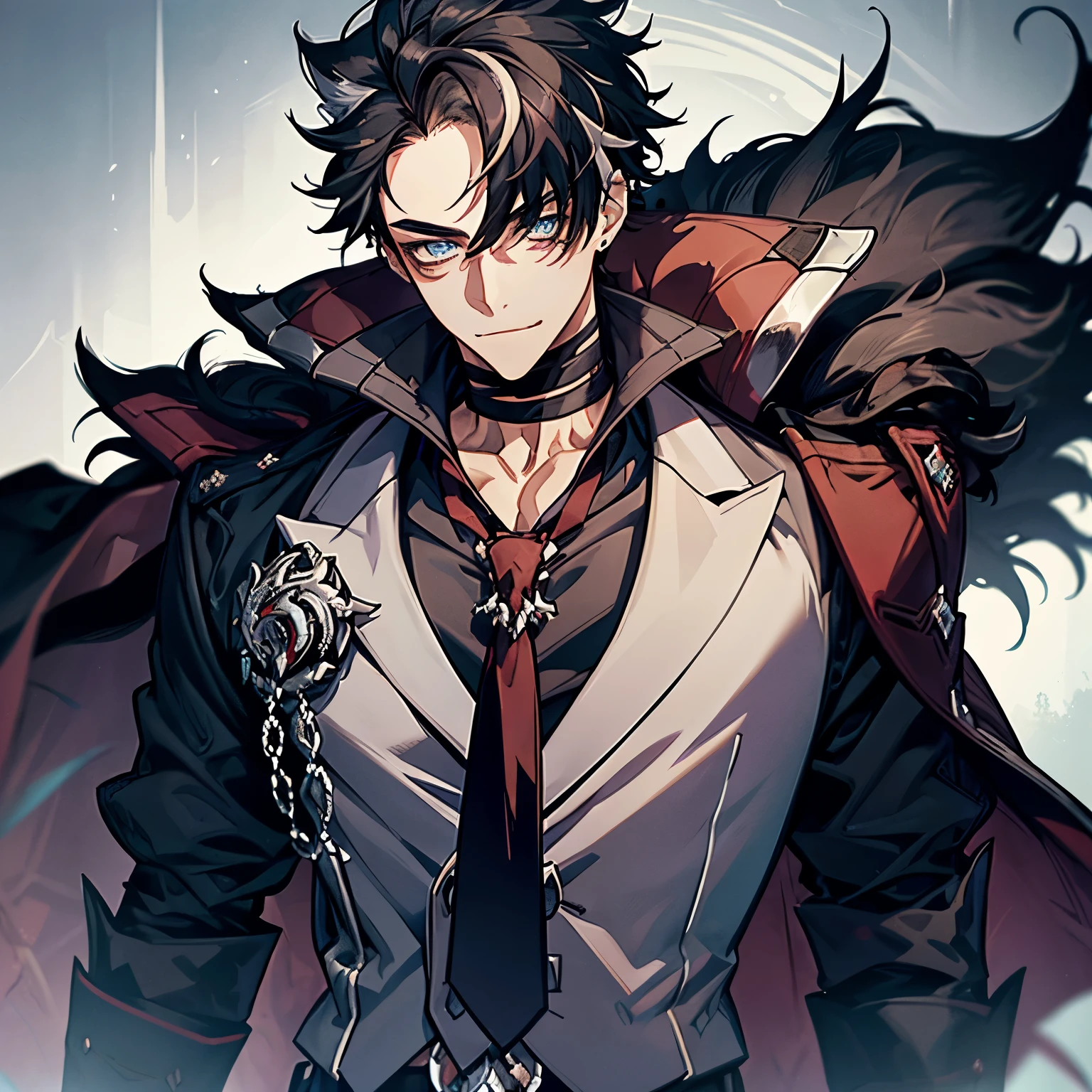 masterpiece, best quality, 1boy, wriothesley, black hair, multicolored hair, short hair, blue eyes, collared shirt, red necktie, jewelry, choker, black fur-trimmed coat on shoulders, sleeves rolled up, upper body, castle background, smile, fangs, cowboy shot, hand on waist