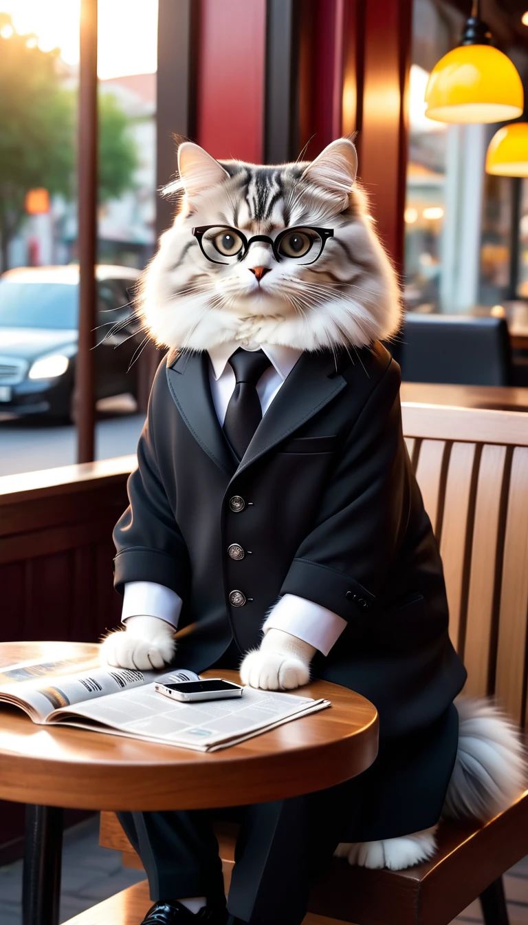best image quality, sicret agent, sitting a chair in a cafe on a bench complete with a table in a cafe, white Siberian cat in the special black suit clothes style, black glasses, reading the newspaper, wearing a luxury watch in hand, carefully observes in coffee shop and gives the command to go to the front. sunset in the back. Cinematic quality, Still from the film. Hyper-realistic. Bright colors in natural.