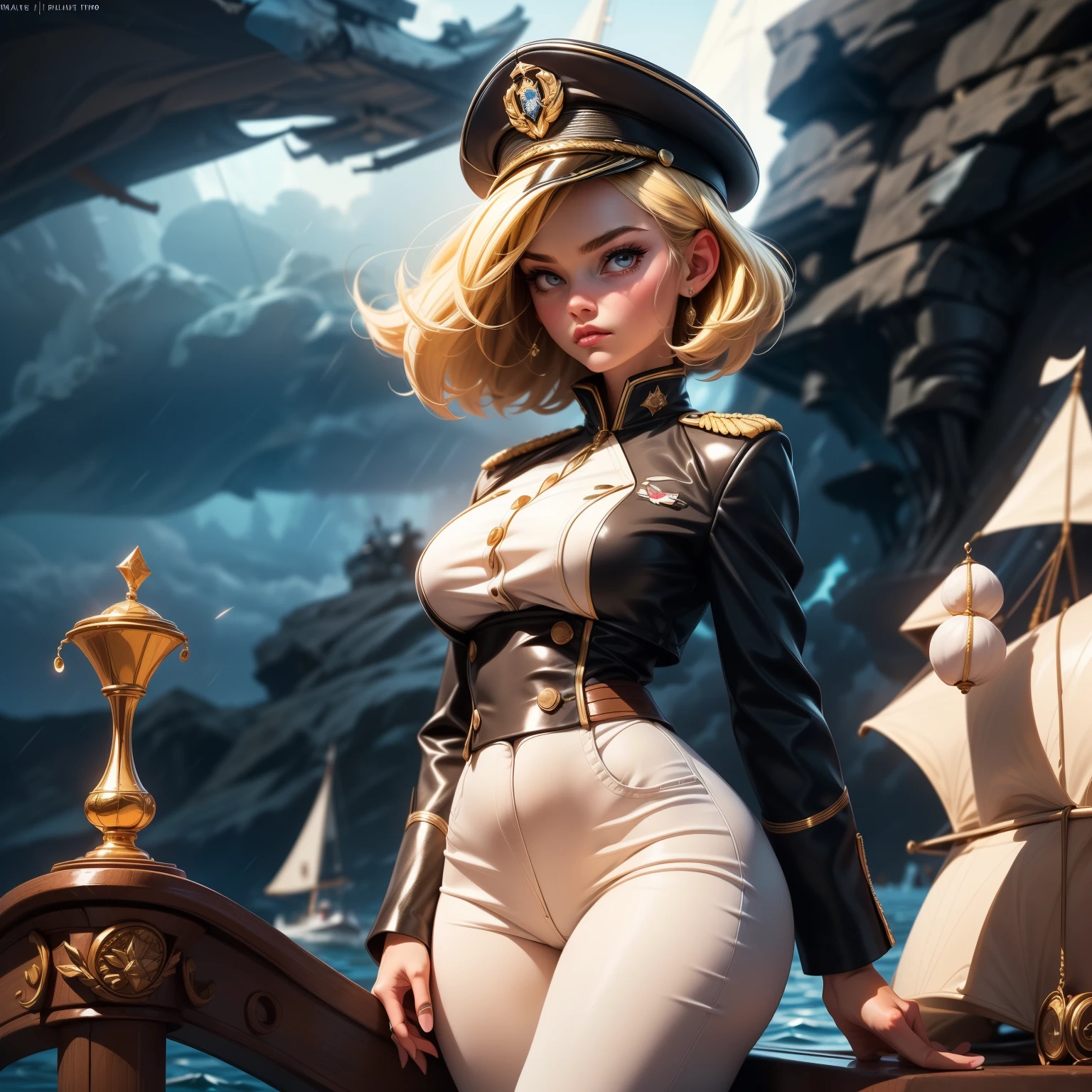 best quality, masterpiece, photorealistic, ultrarealistic, professional photograph shot on Canon EOS R6, 80mm, 1girl, (moody lighting:0.8), (beautiful 24 yo swedish girl:1.05), admiral, standing on a ship deck, sailing the seas, solo, detailed eyes, sad face, beautiful, looking at viewer, embarrassed, water, confident pose, stormy sea, storm, wind, (dark theme:1.15), large breasts, perfect curves BREAK (short blonde hair, laced hair:1.2) BREAK white parade pants, blue admiral uniform, blue parade uniform, space admiral hat