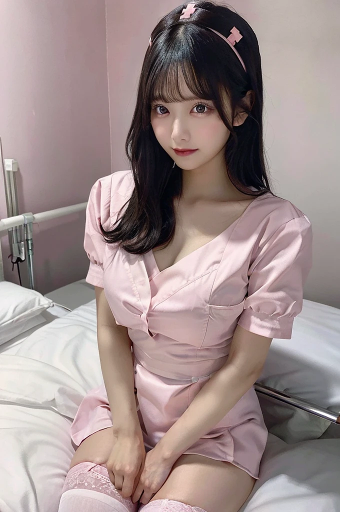 Browsing Caution、valley、Exposed nipples、Big Tits 、(((pink nurse uniform))、whole body、double eyelid、valley、Hospital room、White garter belt、On the bed、(Split seat)、Highest quality, Very detailed, Fine details, High resolution, 8K, Perfect dynamic composition, Beautiful details, Beautiful 20 year old woman、The only person,Black Hair、Glamorous Body、Cute face、V-neck、Bright lights