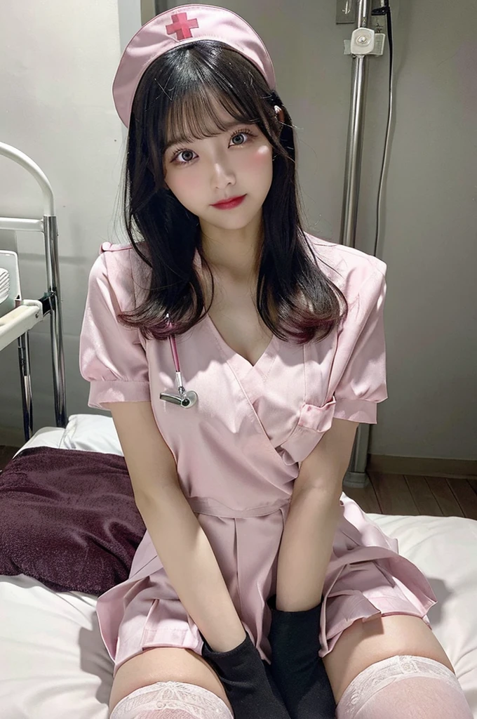Browsing Caution、valley、Exposed nipples、Big Tits 、(((pink nurse uniform))、whole body、double eyelid、valley、Hospital room、White garter belt、On the bed、(Split seat)、Highest quality, Very detailed, Fine details, High resolution, 8K, Perfect dynamic composition, Beautiful details, Beautiful 20 year old woman、The only person,Black Hair、Glamorous Body、Cute face、V-neck、Bright lights
