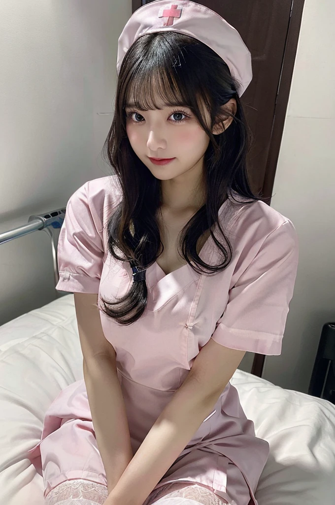 Browsing Caution、valley、Exposed nipples、Big Tits 、(((pink nurse uniform))、whole body、double eyelid、valley、Hospital room、White garter belt、On the bed、(Split seat)、Highest quality, Very detailed, Fine details, High resolution, 8K, Perfect dynamic composition, Beautiful details, Beautiful 20 year old woman、The only person,Black Hair、Glamorous Body、Cute face、V-neck、Bright lights
