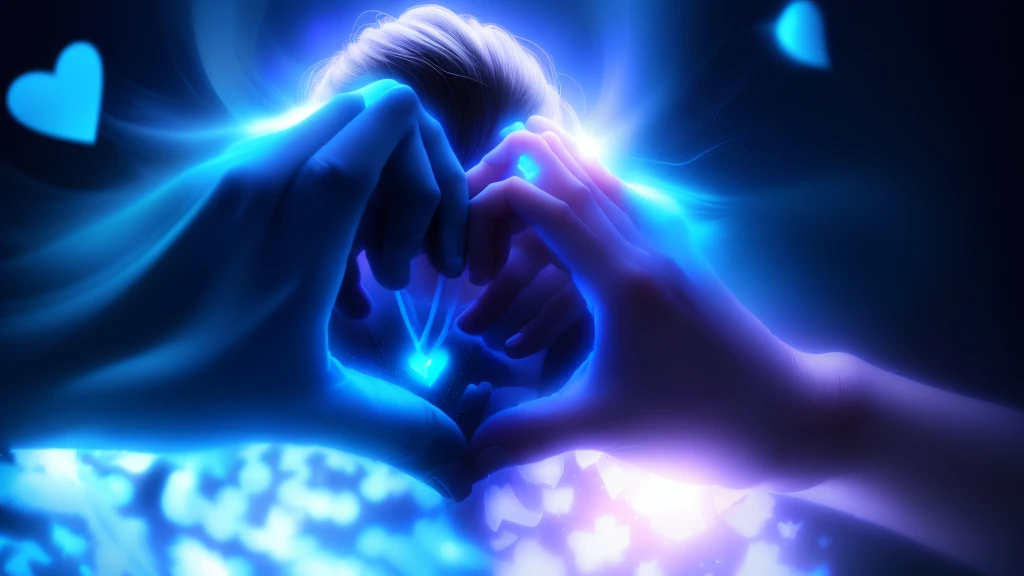 Person making a heart with his hands in front of a blue background, double exposure of love, Light emanating from your fingertips, Blue bioluminescence, with glowing Blue light, blue glowing, Blue backlight, Blue bioluminescent plastic, Magic Heart, Music video stills, Blue glow, Blue light, Idiot”, Idiot”