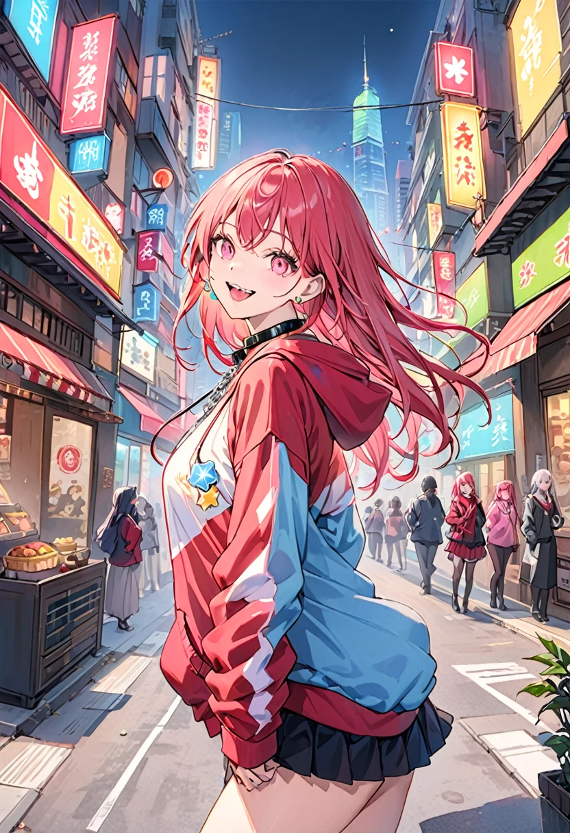 (masterpiece:1.2)、Highest quality、PIXIV、Rebellious girl、One girl、Open your mouth、鋭いteeth、teeth、Long Hair、Street background、gem、badge、ボタンbadge、Food、Pink Eyes、Earrings、Jacket、eyelash、Foodを下にして、star (symbol)、Upper Body、Characters in clothes、zipper、collar、cable、chain、tongue、Stickers、hoodie、smile、spike、Focus on the viewer、長いtongue、Chest in the center、Shoulder Bare、Belly button、Colorful hair colors,leaning forward,Cyberpunk city