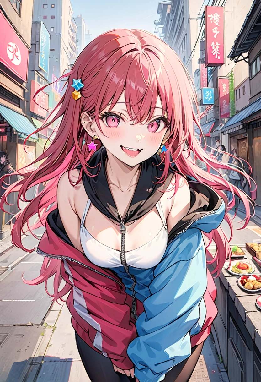 (masterpiece:1.2)、Highest quality、PIXIV、Rebellious girl、One girl、Open your mouth、鋭いteeth、teeth、Long Hair、Street background、gem、badge、ボタンbadge、Food、Pink Eyes、Earrings、Jacket、eyelash、Foodを下にして、star (symbol)、Upper Body、Characters in clothes、zipper、collar、cable、chain、tongue、Stickers、hoodie、smile、spike、Focus on the viewer、長いtongue、Chest in the center、Shoulder Bare、Belly button、Colorful hair colors,leaning forward,Cyberpunk city