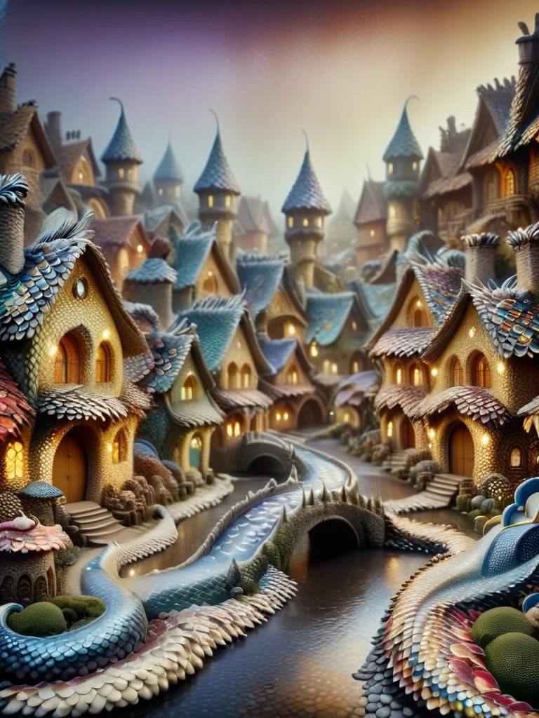 dvrscls , A whimsical scene of a dvrscls fairy village covered in scales, with a stream, a bakery, houses, bridges, and gardens all intricately made of scales of all colors and textures, smoke from chimneys, buildings with ethereal lights, atmospheric, dynamic, cinematic, masterpiece, intricate, hdr. 