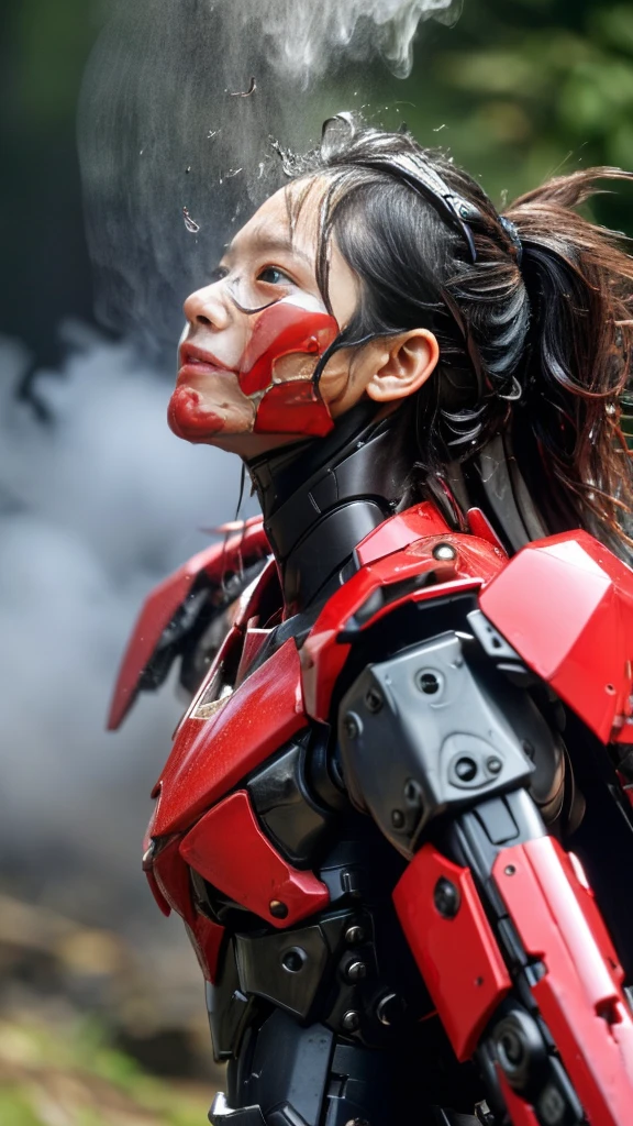 Rough skin, Very detailed, Advanced Details, high quality, 最high quality, High resolution, 1080P 、、Red Armor、Wearing red and black、cute((During a break))(破損したwoman用ロボットスーツを着用...)(Red Armor)(Broken Armor)Black Hair、、Soaking wet、Soaked Face Put the headgear aside Beautiful Face、Hot look knock down、よだれing from the mouth、woman (Steam coming out of the face) ((Steam from the body)) Sit on a chair Filming location I can see the vagina To be released look up Remove head gear