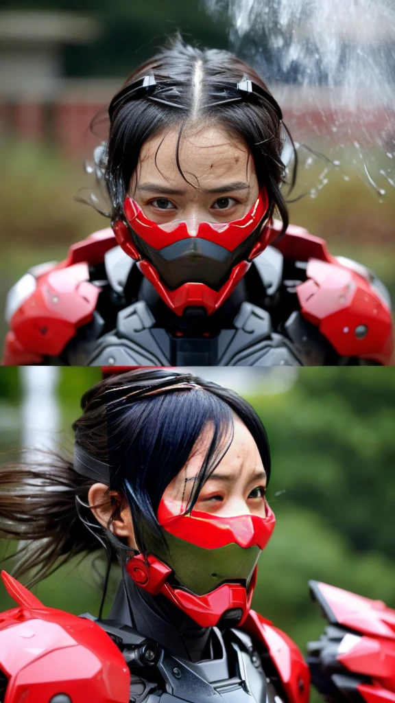 Rough skin, Very detailed, Advanced Details, high quality, 最high quality, High resolution, 1080P 、、Red Armor、Wearing red and black、cute((During a break))(破損したwoman用ロボットスーツを着用...)(Red Armor)(Broken Armor)Black Hair、、Soaking wet、Soaked Face Put the headgear aside Beautiful Face、Hot look knock down、よだれing from the mouth、woman (Steam coming out of the face) ((Steam from the body)) Sit on a chair Filming location I can see the vagina To be released look up Remove head gear