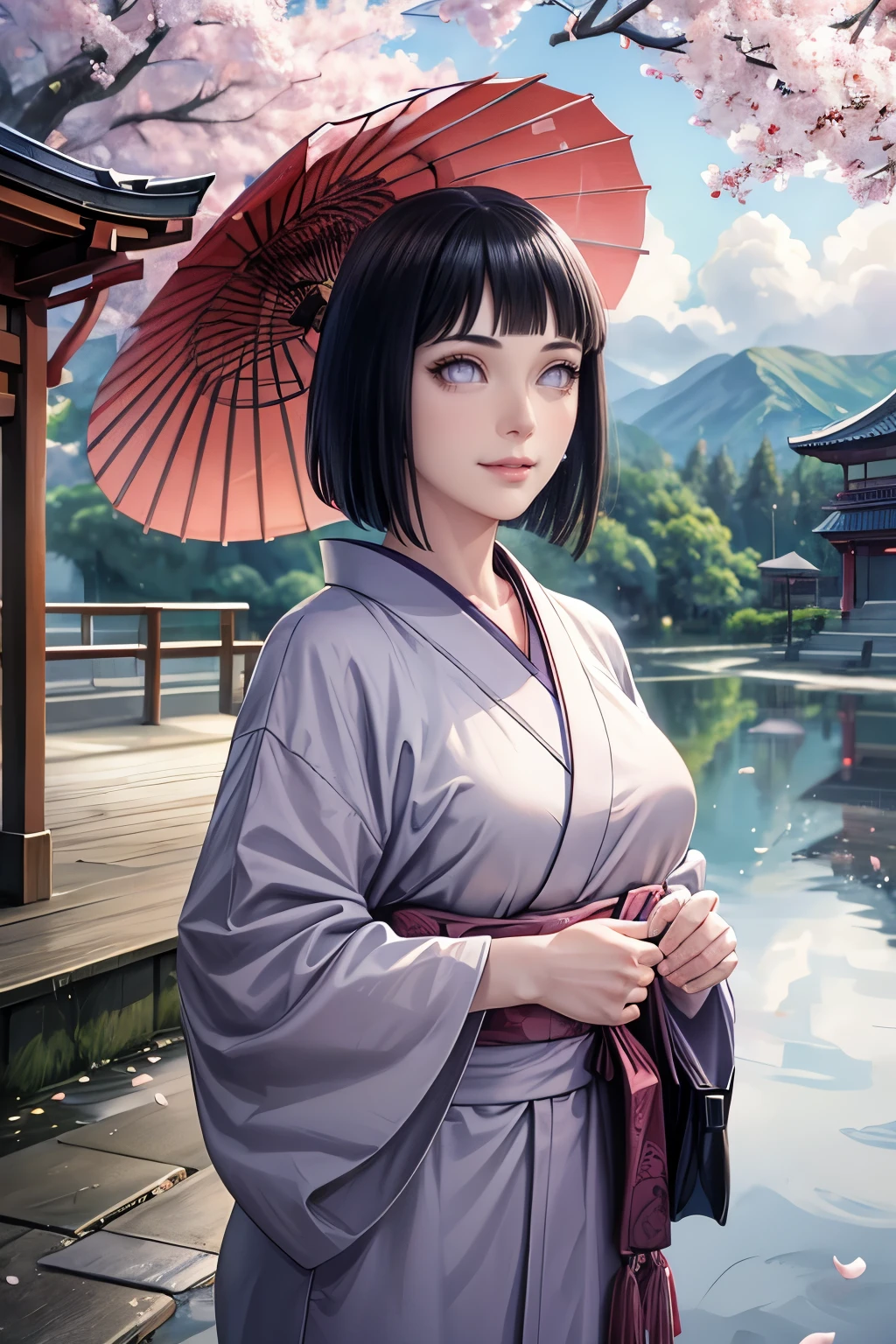 (best quality,4k,8k,highres,masterpiece:1.2),ultr
a-detailed,realistic,photorealistic:1.37,detailed
eyes,beautiful detailed lips, pale, hinata hyuga from Naruto wearing beautiful kimino, perfect figure, attractive rounded breasts, smiling, puffy lips, posing in cloudy weather, in front of japanese temple, people in the background, outdoor ,clouds, cherry blossom trees, green trees, sakura falling, posing with a bag, short hair, realistic hands, realistic hair, realistic nose, realistic lips, improve fingers, dark cloudy weather with no sunlight, wearing kimono, japanese traditional dress, crowded area, rainy clouds , purple patterned kimino, people going temple, portraits, no sunight dark weather