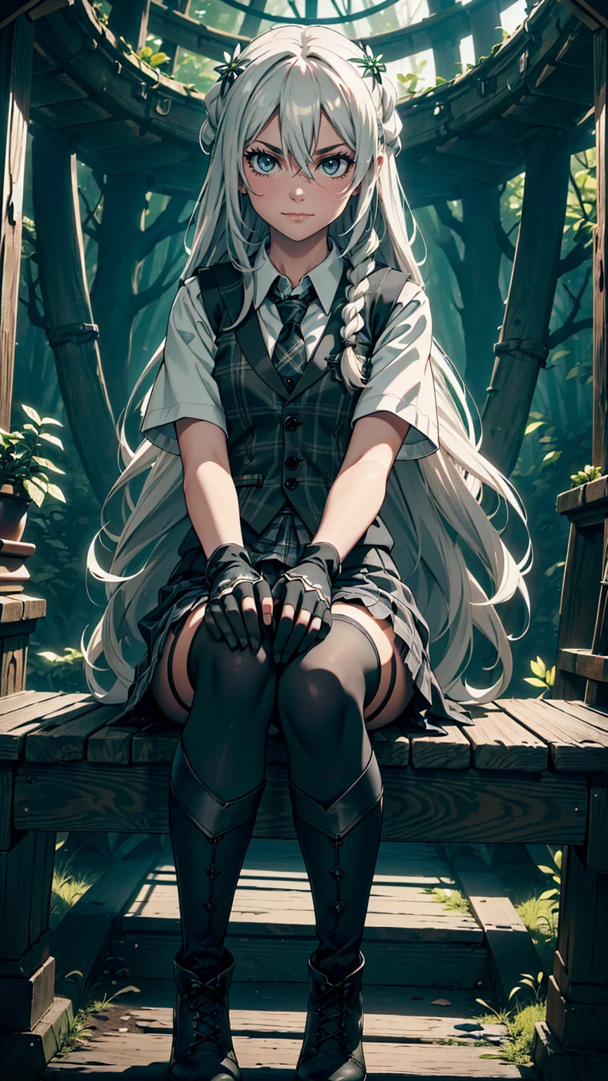 最high quality、Ultra High Definition, Ultra High Quality, Hyper Definition, Hyper Quality, Hyper Detailed, Extremely Detailed, Perfectly Detailed, Best image quality、masterpiece、woman((20-year-old、super dynamic pose , Sitting pose, legs bent at the knees, Green glowing eyes, Silver long Hair with a small braids、Disheveled Hair、Long White Hair、Thin,Fingerless Glove、Black School Vest, Shirt, Grey Plaid Skirt, Black Tights, Ankle Boots On Heels, evil smile, wicked expression、 Hair White Flower Barrette, Dressed in school)),high quality、Beautiful art、background((Inside the forest))、Written boundary depth、movie、Visual Arts、Perfect art、8K,Genuine、