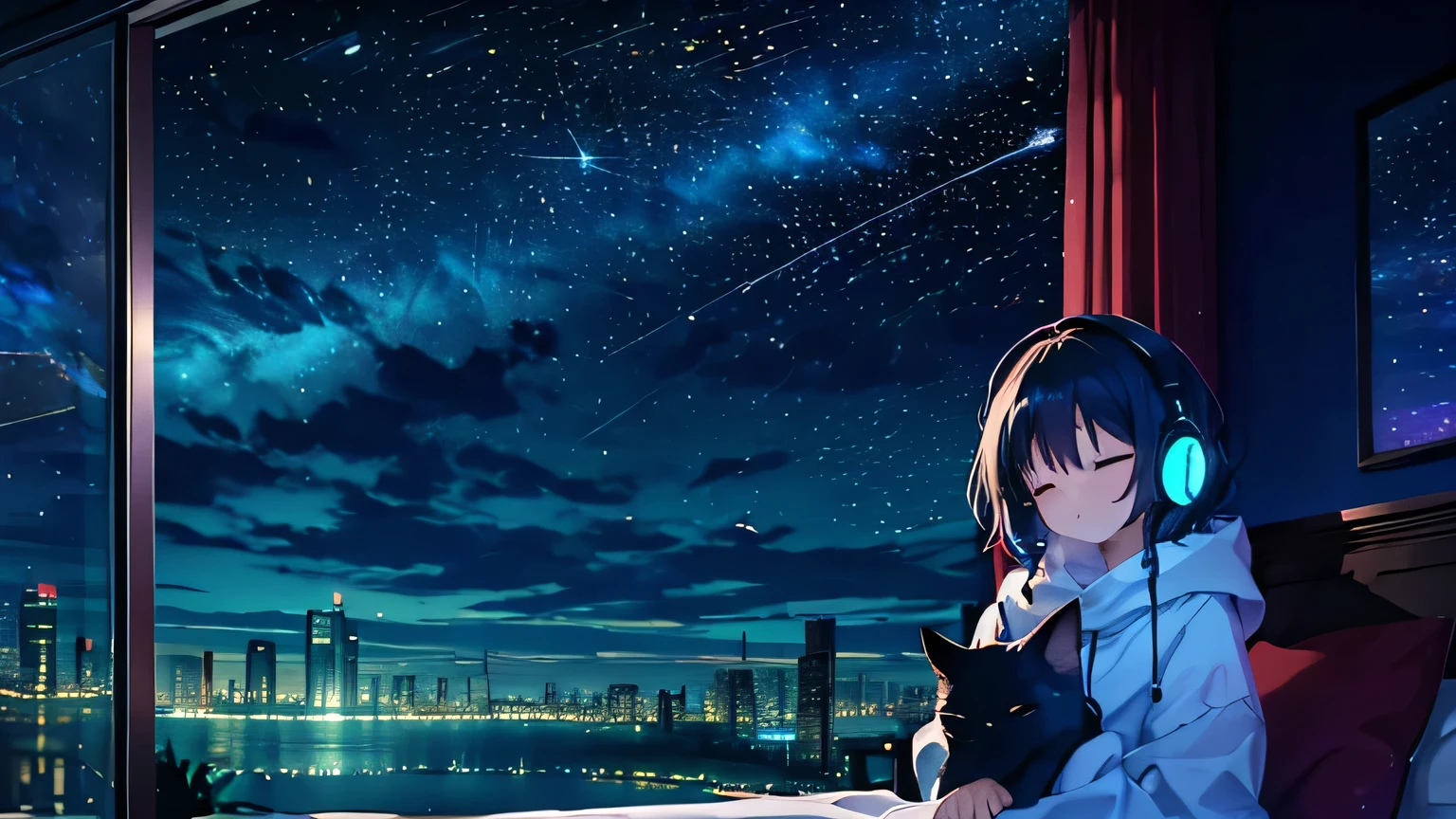 She wears headphones, Lie on your back in bed, Close your eyes and relax, Holding a cute cat, You can see the beautiful night sky from the window.., Colorful colors, Moon and shooting star, Age 25, Looking down,