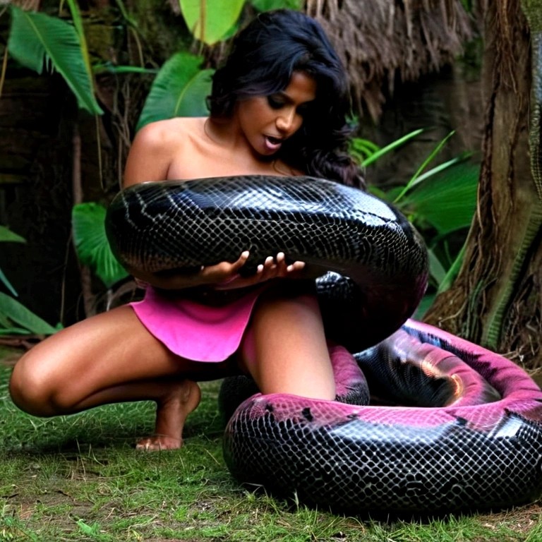 Topless pink panties Happy Horny, aroused 1girl), beautiful kneeling Indian  girl  with  giant colossal black titanboa squeezing her hard, wrapped in thick spiraling coils, constricted, struggle, gasping for air, snake attack, snake peril, moonless night, dim light