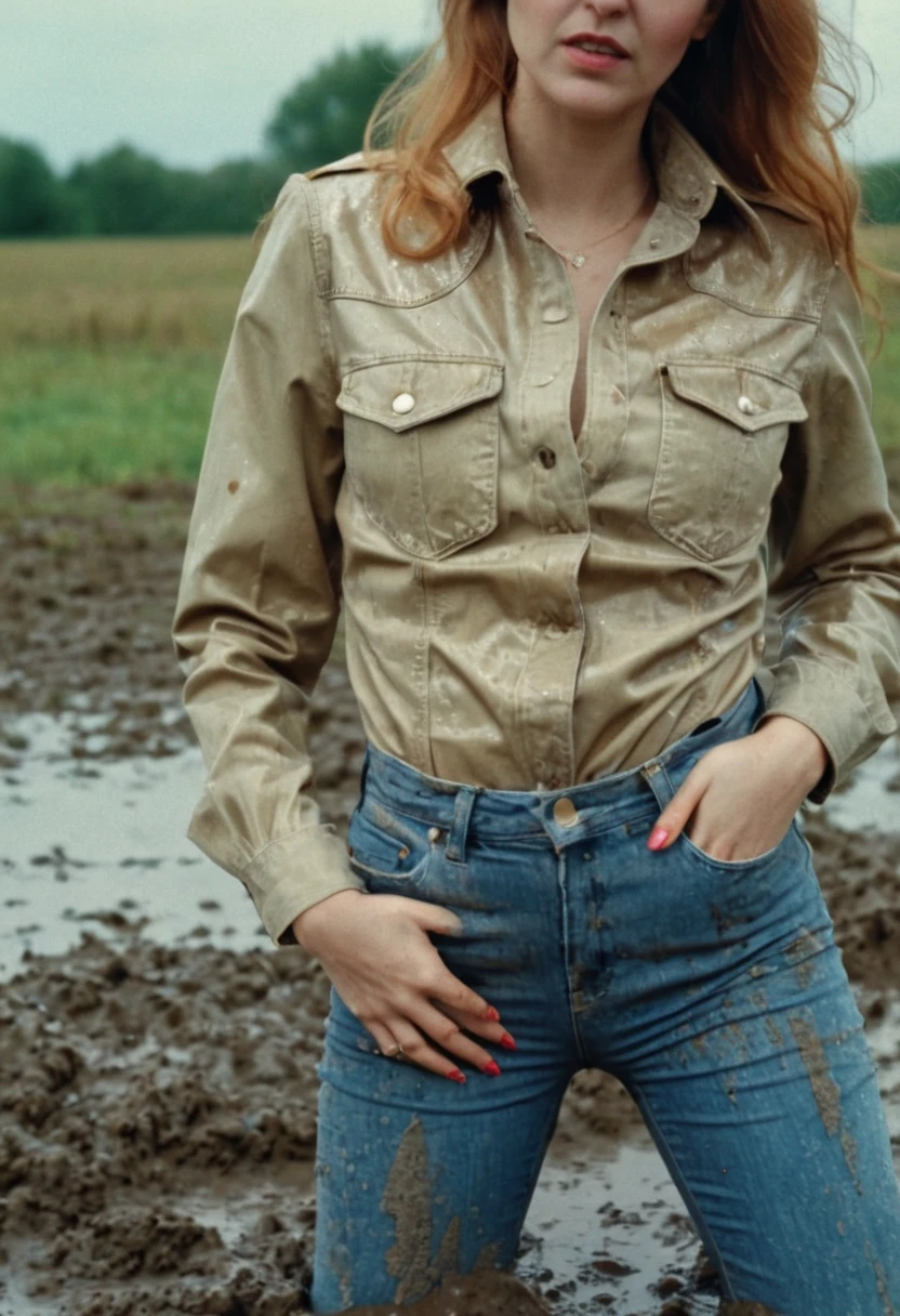 close-up, vulnerable shy ordinary woman, high waist mud covered flared (jeans), dirty jacket, blouse, drowning in bog, caught in her sexual fetish session, wet muddy clothes, 70s setting photo, deep focus, vintage film grain, retro color grading, soft lighting, ((teasing with her ass in levis jeans))