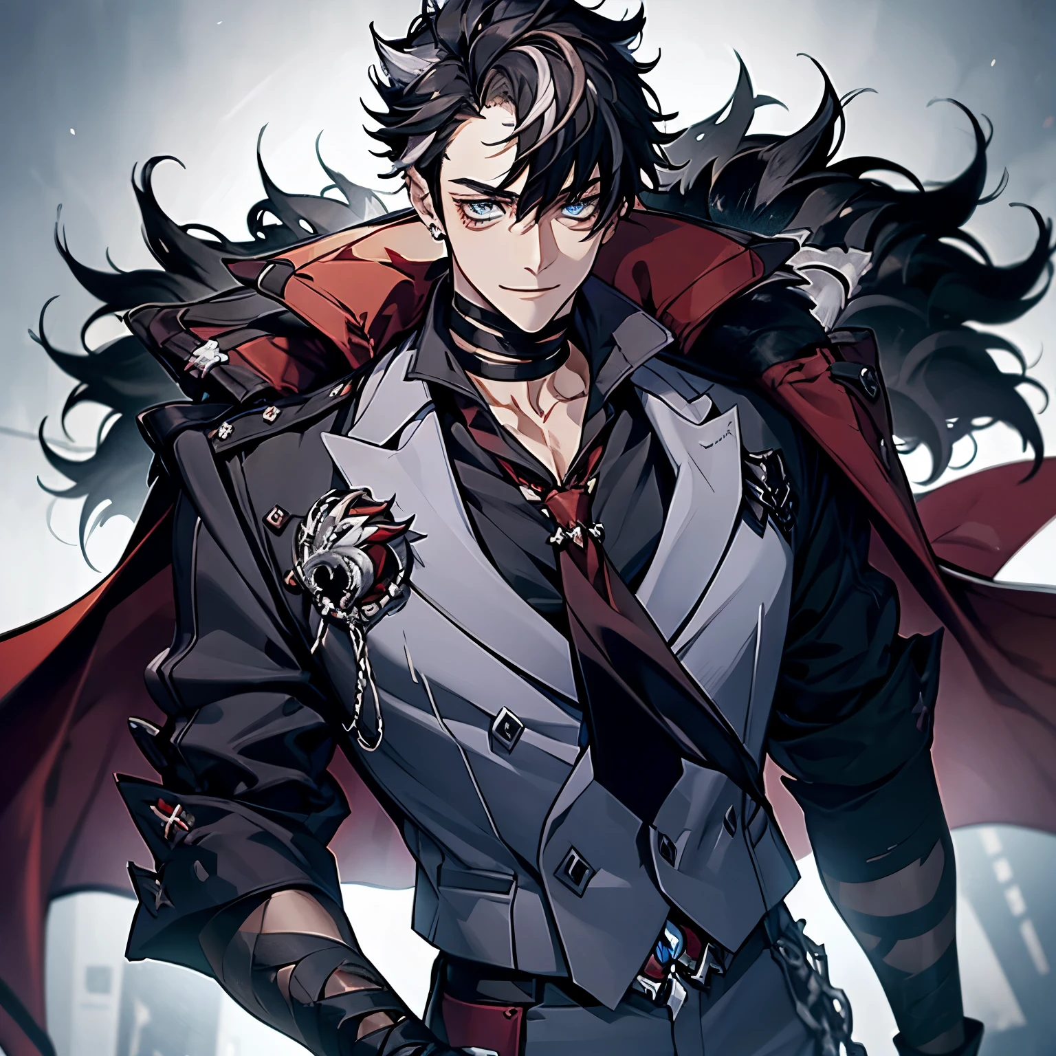 masterpiece, best quality, 1boy, wriothesley, black hair, multicolored hair, short hair, blue eyes, collared shirt, red necktie, jewelry, choker, black fur-trimmed coat on shoulders, sleeves rolled up, upper body, smile, fangs, cowboy shot, hand on waist