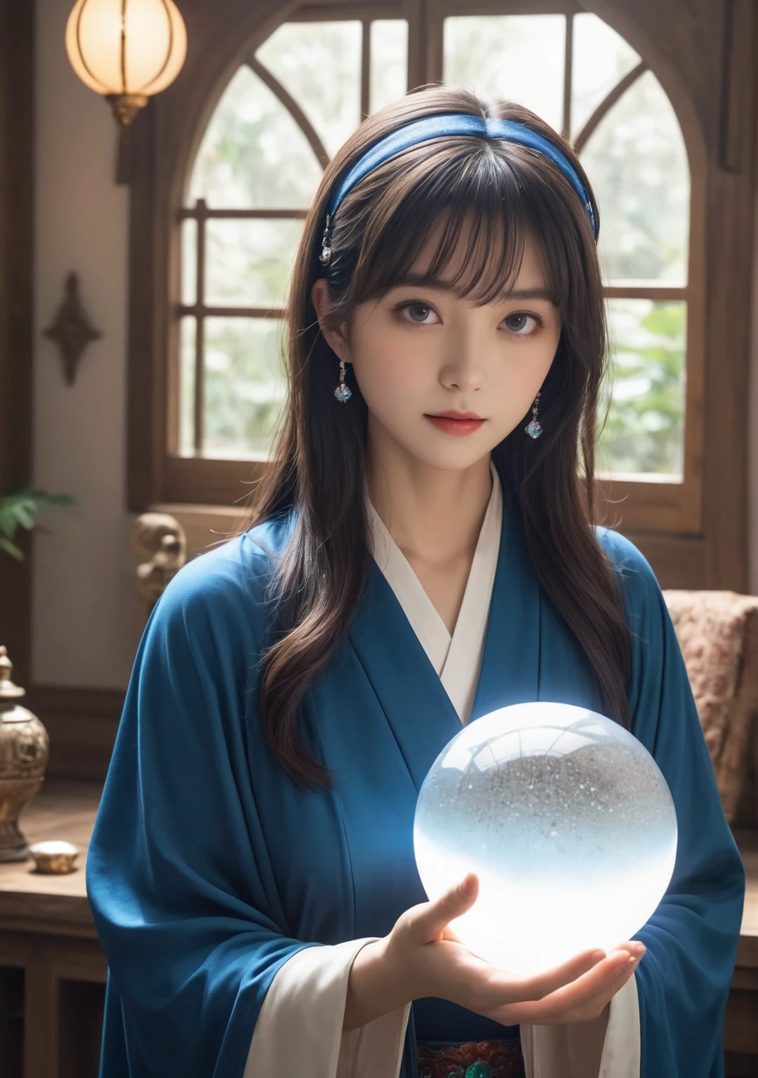 ((Look forward:1.5)),Female fortune teller. Charm, Beautiful and mysterious. She is wearing a blue cape、It has distinctive features. The atmosphere is bright and shining, Filled with anxiety and anticipation. The fortune teller is standing there. 体がLook forwardいる. He is looking at you. He has a crystal ball in his right hand.. The lighting in the room is bright, casting a magical ambiance. Best image quality, 4K or 8K resolution. The level of detail is very fine、It&#39;s real, Close to photorealism. Artistic style is、It should reflect the official aesthetic with bright colors and strong contrast.. The color palette should emphasize the mysterious and mystical theme of the piece.. The fortune teller&#39;s cloak is decorated with a 1:1 metal trim..5. Complex Design. The overall atmosphere is magical, Like a starry sky. The fortune teller&#39;s facial expression should arouse mystical interest..