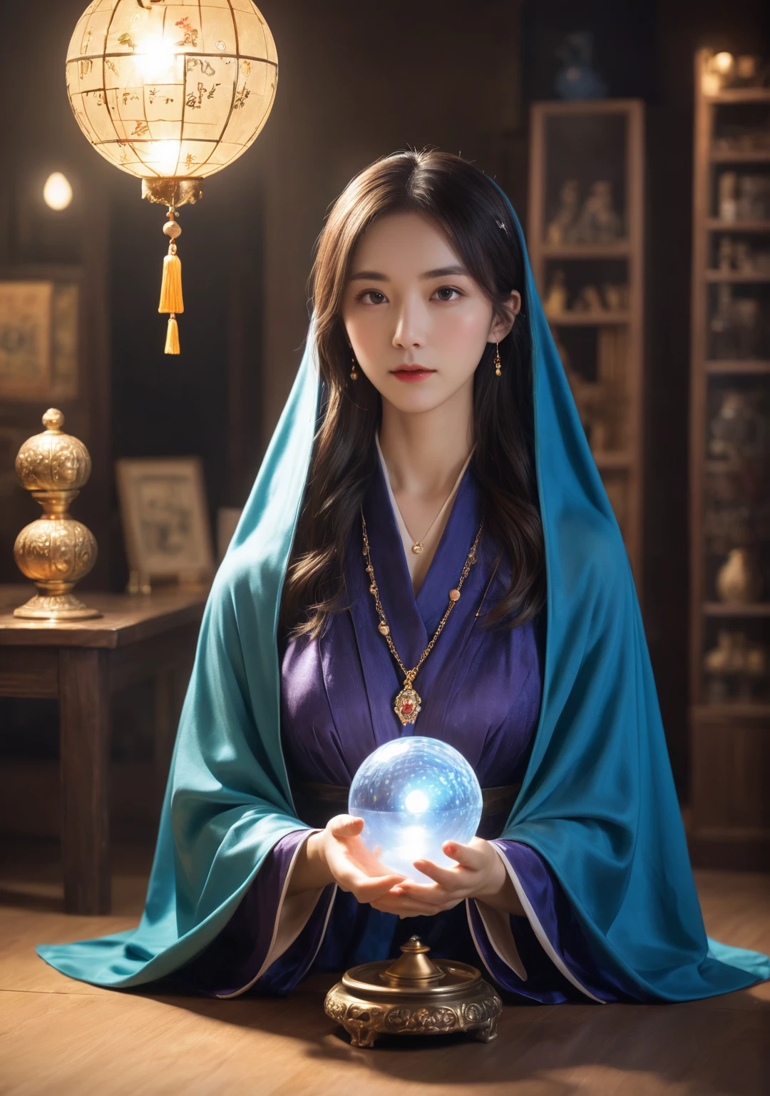 ((Look forward:1.5)),Female fortune teller. Charm, Beautiful and mysterious. She is wearing a blue cape、It has distinctive features. The atmosphere is bright and shining, Filled with anxiety and anticipation. The fortune teller is standing there. 体がLook forwardいる. He is looking at you. He has a crystal ball in his right hand.. The lighting in the room is bright, casting a magical ambiance. Best image quality, 4K or 8K resolution. The level of detail is very fine、It's real, Close to photorealism. Artistic style is、It should reflect the official aesthetic with bright colors and strong contrast.. The color palette should emphasize the mysterious and mystical theme of the piece.. The fortune teller's cloak is decorated with a 1:1 metal trim..5. Complex Design. The overall atmosphere is magical, Like a starry sky. The fortune teller's facial expression should arouse mystical interest..