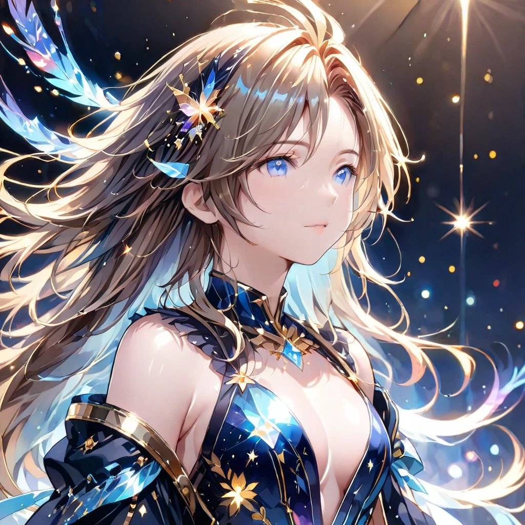 (8K, Highest quality, masterpiece:1.2),(Highest quality:1.0), (Ultra-high resolution:1.0), (((金と銀のツートンカラーの髪)))、watercolor, Beautiful woman, shoulder, Costumes adorned with light refraction、Twinkling of the stars、Diamond Sparkle、Hair Ribbon, Agnes Cecil, Half Body Portrait, Super bright design, pastel colour, (ink:1.3), Autumn Light,