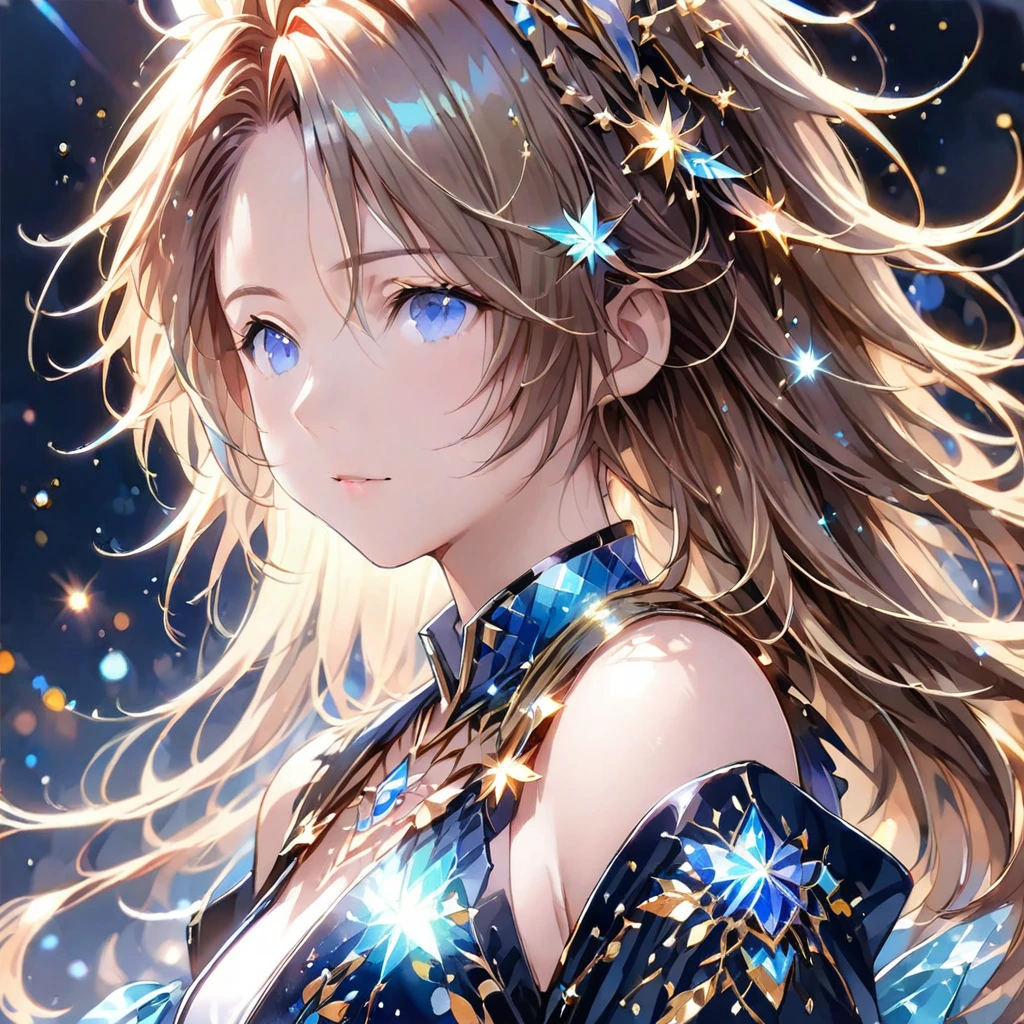 (8K, Highest quality, masterpiece:1.2),(Highest quality:1.0), (Ultra-high resolution:1.0), (((金と銀のツートンカラーの髪)))、watercolor, Beautiful woman, shoulder, Costumes adorned with light refraction、Twinkling of the stars、Diamond Sparkle、Hair Ribbon, Agnes Cecil, Half Body Portrait, Super bright design, pastel colour, (ink:1.3), Autumn Light,